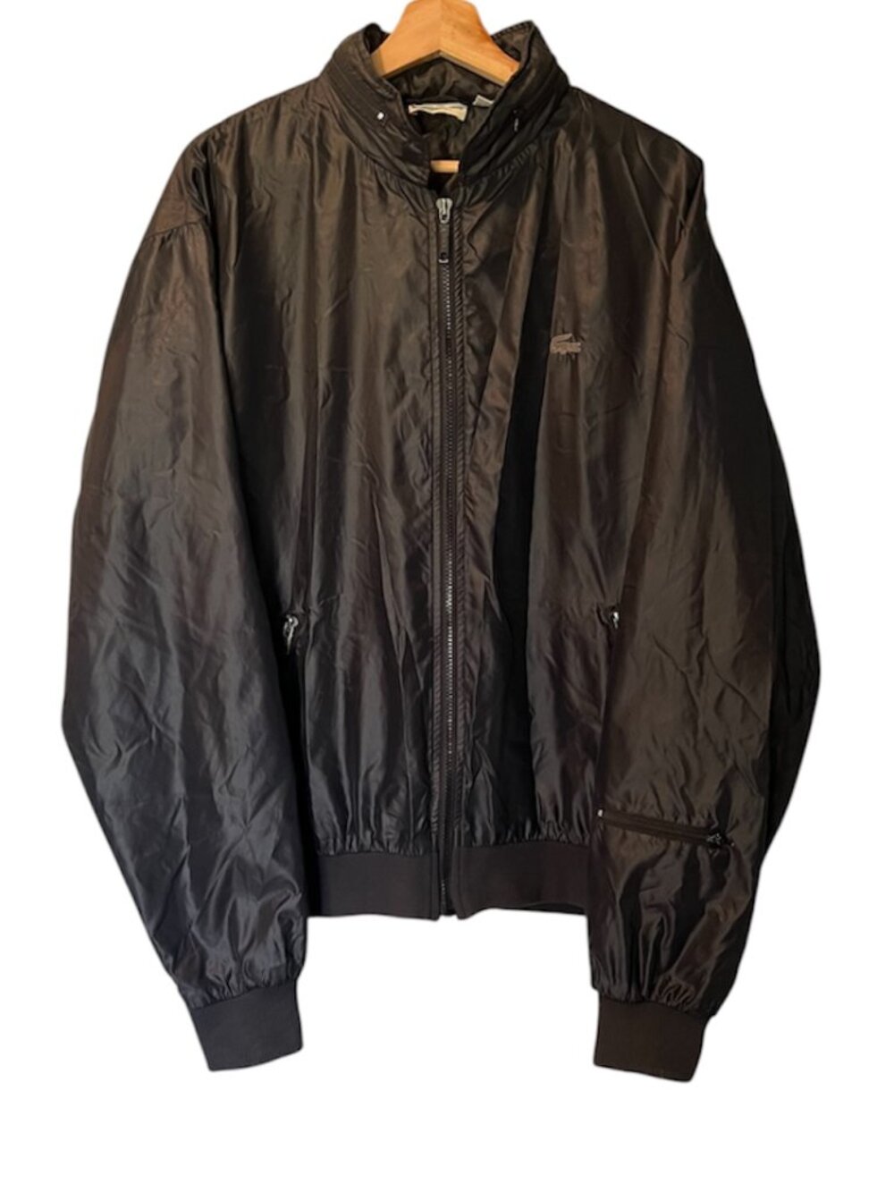VTG 80s Lacoste Club Black Windbreaker Jacket XL Packable Hood Retro